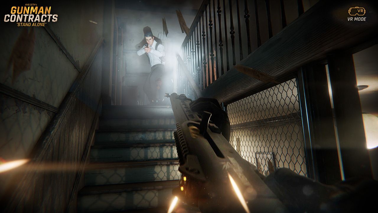 First-person view aiming a rifle up a tenement stairwell at an armed man on the landing, muzzle flash washing out the frame