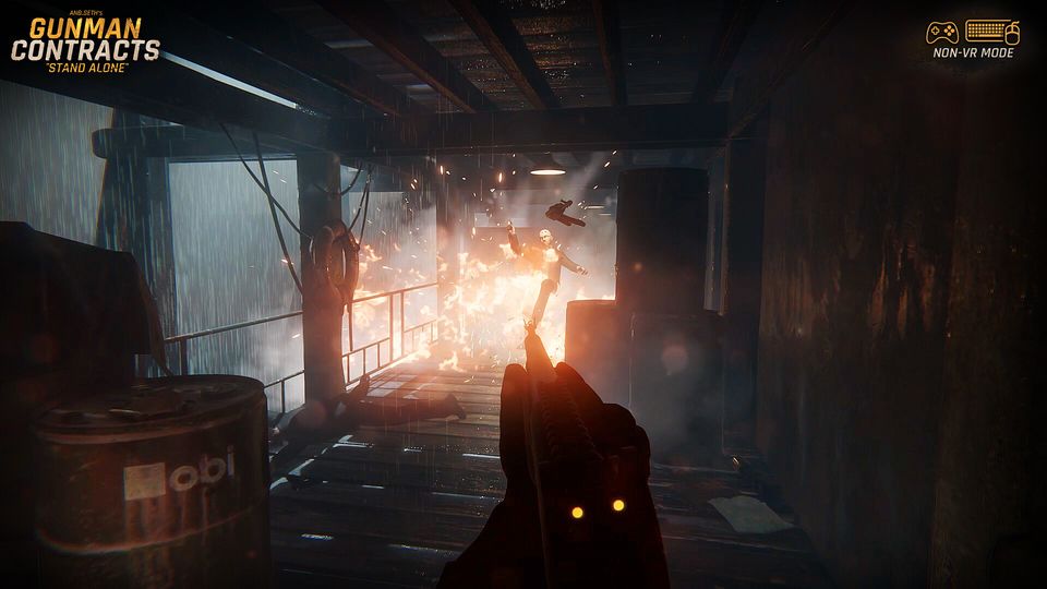 Non-VR mode: A dark warehouse interior lit only by muzzle flash, with a lit doorway and stacked crates behind